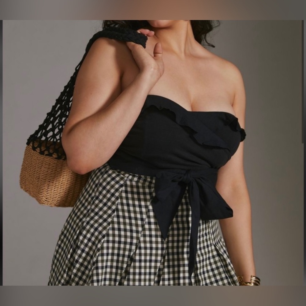 NWT Anthropologie Petites Ruffled Tie-Front Tube Top-Black